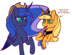 Size: 1250x957 | Tagged: safe, artist:midnightsix3, applejack, princess luna, alicorn, earth pony, pony, accessory swap, female, hat, hat swap, lesbian, lunajack, shipping