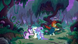 Size: 1920x1080 | Tagged: safe, derpibooru import, screencap, starlight glimmer, sunburst, terramar, trixie, classical hippogriff, hippogriff, pony, unicorn, student counsel, cape, clothes, everfree forest, female, forest, hat, magic, male, mare, scared, stallion, startled, tree, wizard hat