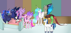 Size: 5900x2800 | Tagged: safe, artist:mutant-girl013, discord, princess cadance, princess celestia, princess luna, shining armor, twilight sparkle, twilight sparkle (alicorn), oc, oc:prince illusion, oc:princess nidra, oc:supernova, oc:valiant heart, alicorn, bat pony, hybrid, pony, unicorn, alicorn oc, alternate hairstyle, baby, baby pony, bed, canon x oc, delivery, dislestia, family, fangs, father and child, father and daughter, father and son, female, foal, hospital, interspecies offspring, male, mother and child, mother and daughter, mother and son, newborn, offspring, older, parent and child, parent:discord, parent:oc:supernova, parent:princess cadance, parent:princess celestia, parent:princess luna, parent:shining armor, parents:canon x oc, parents:dislestia, parents:shiningcadance, ponytail, shiningcadance, shipping, sisters, smiling, straight