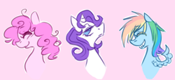 Size: 650x300 | Tagged: safe, artist:karkittyx, pinkie pie, rainbow dash, rarity, earth pony, pegasus, pony, unicorn, female, horn, mare