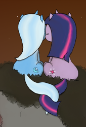 Size: 424x625 | Tagged: safe, artist:blargmode, derpibooru import, trixie, twilight sparkle, pony, unicorn, cropped, female, mare, sky, tail wrap, tree