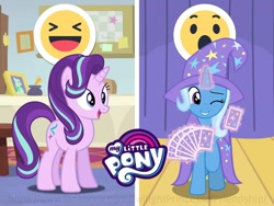 Size: 1280x960 | Tagged: safe, derpibooru import, starlight glimmer, trixie, pony, unicorn, cape, clothes, emoji, facebook, facebook reactions, female, hat, mare, my little pony logo, playing card, raised hoof, smiling, trixie's cape, trixie's hat