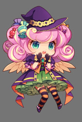 Size: 809x1200 | Tagged: safe, artist:huaineko, fluttershy, human, candy, clothes, food, halloween, humanized, pixiv, socks, solo, stockings, striped socks, thigh highs, winged humanization, wings, witch