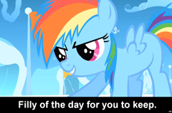 Size: 1024x672 | Tagged: safe, rainbow dash, pegasus, pony, caption, cloudsdale, cs captions, filly, filly rainbow dash, flag, foal, solo