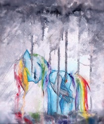 Size: 1537x1839 | Tagged: safe, artist:featherbolt, rainbow dash, pegasus, pony, crying, rain, sad, traditional art