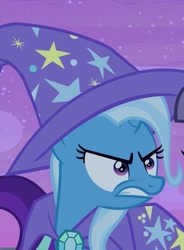 Size: 331x450 | Tagged: safe, derpibooru import, screencap, trixie, pony, student counsel, cropped, frown, glare, offscreen character, solo focus