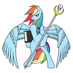 Size: 1280x1280 | Tagged: safe, artist:jykinturah, rainbow dash, pegasus, pony, bipedal, book, heterochromia, staff