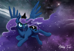 Size: 800x549 | Tagged: safe, artist:arctic-fox, princess luna, alicorn, pony, female, flying, galaxy mane, mare, signature, smiling, solo, space