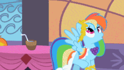 Size: 325x183 | Tagged: safe, screencap, rainbow dash, pegasus, pony, the best night ever, animated, catching, clothes, dress, drink, drinking straw, gala dress, kicking, solo