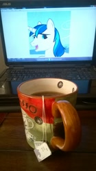 Size: 1456x2592 | Tagged: safe, shining armor, pony, unicorn, bomb ass tea, computer, food, horsebando, husbando dinner, laptop computer, mug, otaku date, photo, tea, windows, windows 7