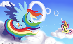 Size: 1650x990 | Tagged: safe, artist:equinox23, fluttershy, rainbow dash, scootaloo, pegasus, pony, female, mare, wings