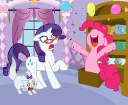 Size: 700x573 | Tagged: safe, artist:patrona, opalescence, pinkie pie, rarity, earth pony, pony, unicorn, glasses, surprised