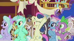 Size: 1280x720 | Tagged: safe, screencap, bon bon, filthy rich, flitter, lotus blossom, lyra heartstrings, princess cadance, princess luna, shining armor, spike, sweetie drops, thunderlane, alicorn, dragon, earth pony, pegasus, pony, unicorn, slice of life (episode), bon bon is amused, female, male, mare, sitting, stallion