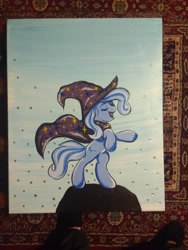 Size: 3120x4160 | Tagged: safe, artist:annuthecatgirl, derpibooru import, trixie, pony, unicorn, black light, black light reactive, eyes closed, female, glow in the dark, mare, painting, rearing, solo, traditional art