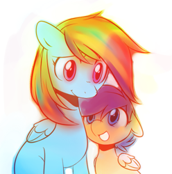 Size: 621x625 | Tagged: safe, artist:pekou, rainbow dash, scootaloo, pegasus, pony, female, mare, scootalove, wings