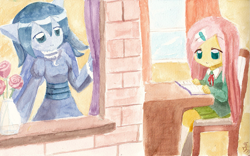 Size: 1397x872 | Tagged: safe, artist:howxu, fluttershy, princess luna, human, chibi, eared humanization, humanized, pony coloring, traditional art, watercolor painting