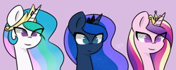 Size: 1024x404 | Tagged: safe, artist:flutternutpie, princess cadance, princess celestia, princess luna, alicorn, pony, crown, female, horn, jewelry, mare, regalia, siblings, sisters