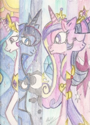 Size: 624x865 | Tagged: safe, artist:mewmew55, princess cadance, princess celestia, princess luna, twilight sparkle, twilight sparkle (alicorn), alicorn, pony, alicorn tetrarchy, clothes, coronation dress, dress, female, mare, traditional art