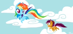 Size: 1386x658 | Tagged: safe, artist:cobracookies, rainbow dash, scootaloo, pegasus, pony, cloud, female, flying, mare, scootaloo can fly, sky, smiling