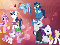 Size: 600x450 | Tagged: safe, fancypants, princess cadance, rainbow dash, rarity, shining armor, soarin', spike, sweetie belle, alicorn, dragon, pegasus, pony, unicorn, female, heart, male, raripants, shiningcadance, shipping, soarindash, spikebelle, straight, tailboner, various artists