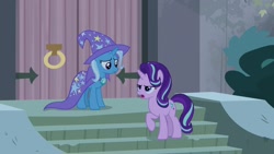 Size: 1920x1080 | Tagged: safe, derpibooru import, screencap, starlight glimmer, trixie, pony, student counsel, cape, clothes, door, hat, night, stairs, trixie's cape, trixie's hat