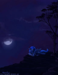 Size: 2298x3000 | Tagged: safe, artist:1deathpony1, princess luna, alicorn, pony, floppy ears, moon, night, pillow, prone, solo, spread wings, stars, tree