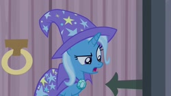 Size: 1920x1080 | Tagged: safe, derpibooru import, screencap, trixie, pony, student counsel, cape, clothes, hat, solo, trixie's cape, trixie's hat