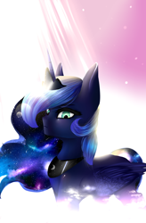 Size: 1600x2435 | Tagged: safe, artist:lucume, princess luna, alicorn, pony, crepuscular rays, female, horn, mare, solo