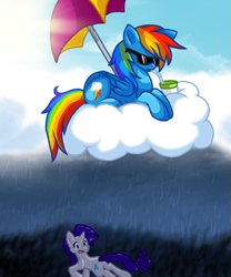 Size: 639x768 | Tagged: safe, artist:fizzy-dog, rainbow dash, rarity, pegasus, pony, unicorn, cloud, cloudy, drink, rain, sunglasses, umbrella