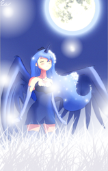 Size: 678x1074 | Tagged: safe, artist:rizkitsuneki, princess luna, human, clothes, dress, evening gloves, eyes closed, gloves, horned humanization, humanized, moon, s1 luna, socks, solo, spread wings, thigh highs, winged humanization