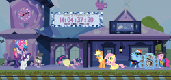 Size: 1366x642 | Tagged: safe, derpibooru import, applejack, fluttershy, pinkie pie, rainbow dash, rarity, spike, starlight glimmer, trixie, twilight sparkle, twilight sparkle (alicorn), alicorn, dragon, earth pony, pegasus, pony, unicorn, daring doubt, growing up is hard to do, china, clock, do the sparkle, electric guitar, end of g4, end of ponies, guitar, mane seven, mane six, musical instrument, ponyclock, rapper pie, speakers, station, sunglasses, the end, the end is neigh