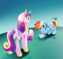 Size: 1059x1001 | Tagged: safe, artist:minty-red, princess cadance, rainbow dash, alicorn, pegasus, pony, arrested, bondage, bondage cuffs, bondage gear, bound wings, chains, crown, cuffs, eye contact, floppy ears, frown, gritted teeth, looking at each other, looking down, looking up, nervous, prisoner rd, shackles, signature