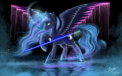 Size: 4000x2500 | Tagged: safe, artist:duskie-06, princess luna, alicorn, pony, flowing mane, glowing wings, lightsaber, magic, solo, star wars, weapon