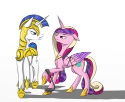 Size: 1024x838 | Tagged: safe, artist:kitsunehebi, princess cadance, alicorn, pony, bound wings, chains, cuffs, eye contact, floppy ears, frown, glare, raised hoof, royal guard, unamused