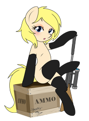 Size: 2194x3000 | Tagged: safe, artist:danmakuman, oc, oc only, oc:aimmy, earth pony, pony, ammunition, blushing, clothes, crate, crossed legs, female, gun, hooves, latex, mare, open mouth, optical sight, rifle, simple background, sitting, sniper rifle, socks, solo, text, thigh highs, transparent background, weapon
