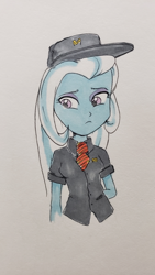 Size: 590x1049 | Tagged: safe, anonymous artist, derpibooru import, trixie, equestria girls, /mlp/, arm behind back, clothes, female, frown, looking down, mcdonald's, sad, shame, simple background, solo, traditional art, uniform, white background