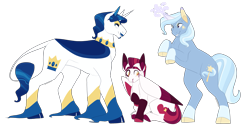 Size: 4267x2192 | Tagged: safe, artist:horsepowerred, derpibooru import, fancypants, trixie, pony, unicorn, cloven hooves, coat markings, colored fetlocks, colored hooves, cutie mark, female, filly, foal, hoof fluff, leonine tail, long feather, male, mare, offspring, parent:fancypants, parent:fleur-de-lis, parents:fancyfleur, rearing, stallion, trio, twice as fancy ponies, unshorn fetlocks