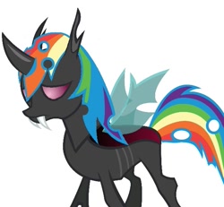 Size: 609x562 | Tagged: safe, rainbow dash, changeling, changelingified, dashling, fangs, female, sad, solo, species swap