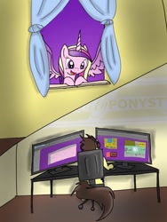 Size: 768x1024 | Tagged: safe, artist:royalpony, princess cadance, oc, oc:qlimax, alicorn, pony, chair, computer, fl studio, logo, monitor, spying, window