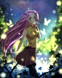 Size: 792x988 | Tagged: safe, artist:blancciel, fluttershy, human, clothes, humanized, night, pantyhose, skirt, skirt pull, sleeveless turtleneck, socks, solo, stars, thigh highs, windswept mane