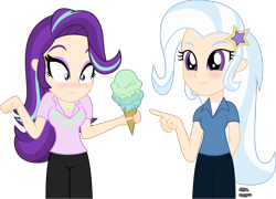 Size: 1370x988 | Tagged: safe, artist:anime-equestria, derpibooru import, starlight glimmer, trixie, human, equestria girls, alternate hairstyle, blushing, breasts, clothes, dropped ice cream, duo, embarrassed, eyeshadow, food, human coloration, ice cream, makeup, pointing, shirt, simple background, smiling, starlight jiggler, transparent background, vector