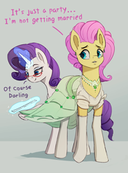 Size: 600x810 | Tagged: safe, artist:rodrigues404, fluttershy, rarity, pegasus, pony, unicorn, alternate hairstyle, clothes, dialogue, dress, duo, female, glasses, glowing horn, implied flarity, implied lesbian, implied shipping, jewelry, magic, mare, necklace, simple background, socks, stockings, thigh highs