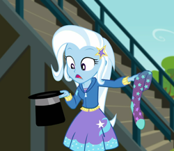 Size: 1242x1080 | Tagged: safe, derpibooru import, screencap, trixie, better together, choose your own ending, equestria girls, sock it to me, sock it to me: trixie, barrette, clothes, cute, diatrixes, female, hat, hoodie, sock, solo, top hat