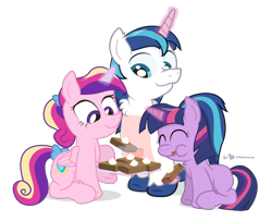 Size: 1110x900 | Tagged: safe, artist:dm29, princess cadance, shining armor, twilight sparkle, alicorn, pony, unicorn, apron, brownies, chest fluff, clothes, eating, filly, fluffy, food, fuzznums, magic, simple background, transparent background, trio