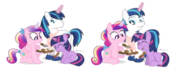 Size: 2220x900 | Tagged: safe, artist:dm29, princess cadance, shining armor, twilight sparkle, alicorn, pony, unicorn, apron, brownies, chest fluff, clothes, comparison, eating, filly, food, fuzznums, magic, style comparison, trio