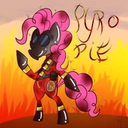 Size: 700x700 | Tagged: safe, artist:jhannrahn, pinkie pie, earth pony, pony, burn, burning, fantasy, fire, meet the pyro, pyro, team fortress 2