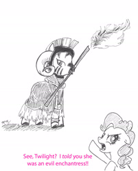 Size: 1536x1912 | Tagged: safe, artist:catscratchpaper, pinkie pie, zecora, earth pony, pony, zebra, crossover, monty python, monty python and the holy grail, tim the enchanter