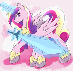 Size: 1369x1322 | Tagged: safe, artist:blackswhites, princess cadance, alicorn, pony, armor, badass, magic, obari pose, solo, sword, telekinesis, warrior cadance, weapon