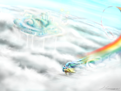 Size: 800x600 | Tagged: safe, artist:huussii, rainbow dash, pegasus, pony, cloud, cloudiseum, cloudsdale, cloudy, female, fireworks, mare, rainbow, rainbow trail, signature, sky, solo, stadium