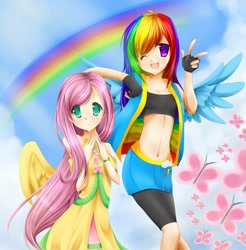 Size: 2619x2658 | Tagged: safe, artist:dreamerruby, fluttershy, rainbow dash, belly button, clothes, dress, high res, humanized, midriff, sports bra, winged humanization